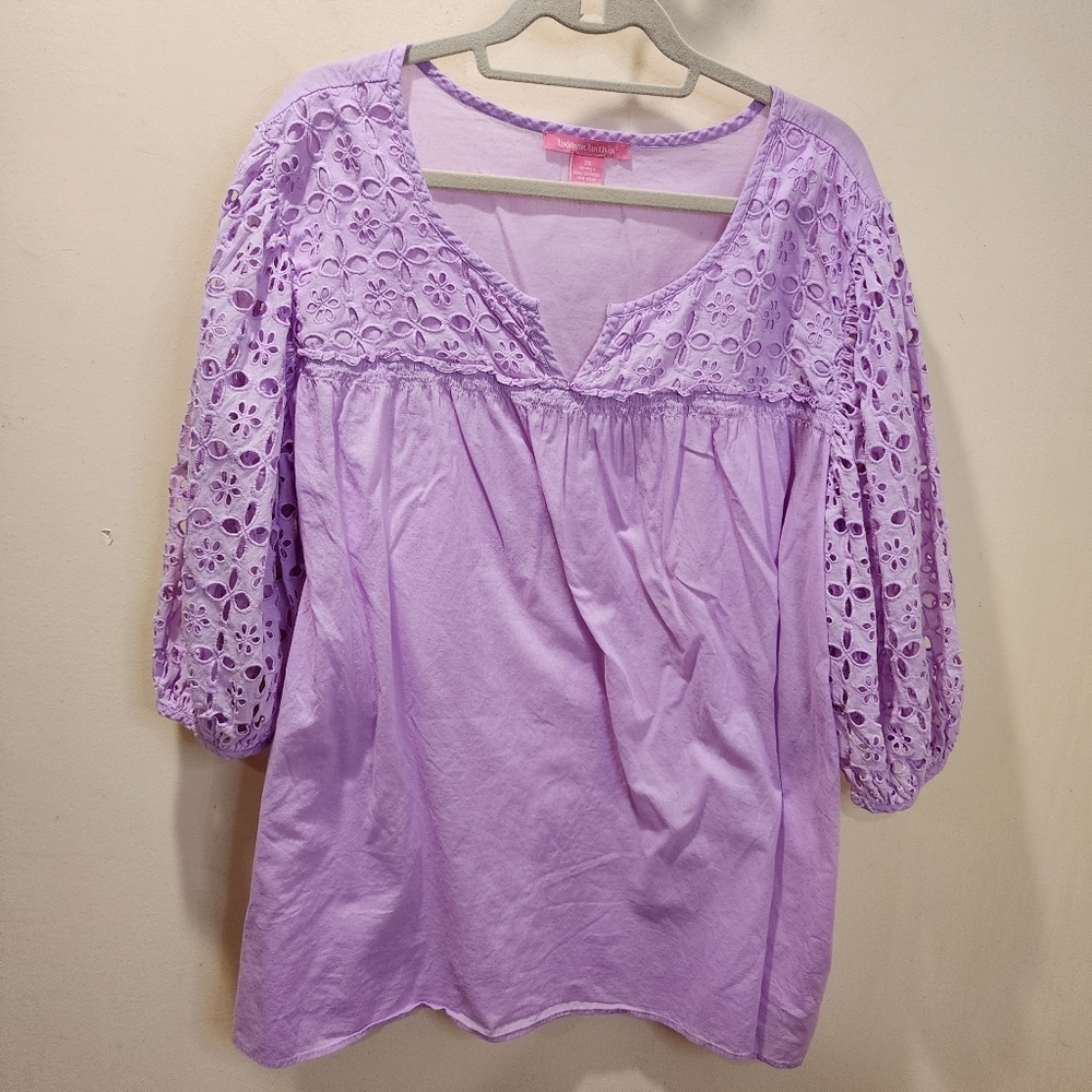 WOMAN WITHIN Lavender Eyelet 100% Cotton Plus Size  Blouse 2X